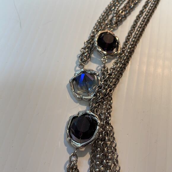 Chico's Long Iridescent Purple Cut Glass Faceted Three Strand Necklace - Picture 8 of 9